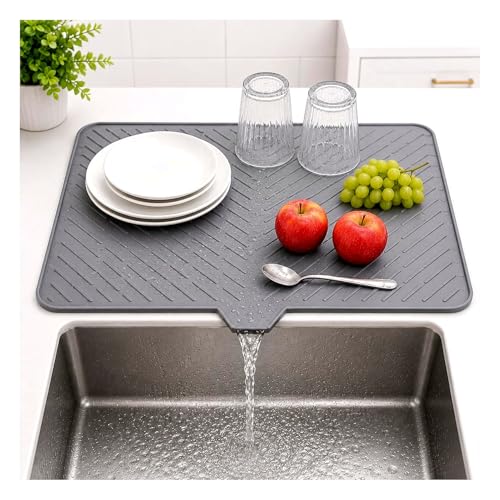 Image of Silicone Dish Drying Mat for Kitchen Counter - 23x17 Inch, Heat Resistant, Non-Slip, Built-in Drain Lip, Protects Countertop, Prevents Water Build up, Quick Dry, Easy to Clean Dish Drainer Mat