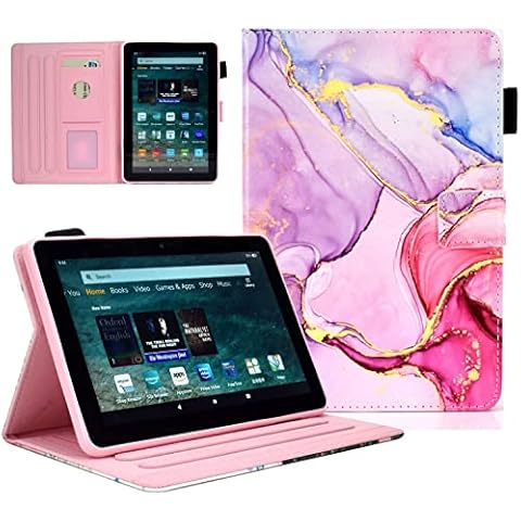 KEROM Amazon Fire 8 Tablet Case & Fire 8 Plus Tablet Case (10th Generation, 2020 Release) - Premium PU Leather Stand Cover Case with Auto Wake/Sleep, Pink Marble Cover