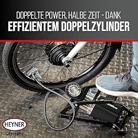 HEYNER® Fußpumpe Doppelzylinder Fahrradpumpe Luftpumpe Autoventil 10 Bar mit Tasche, Black Edition – Ansicht 6