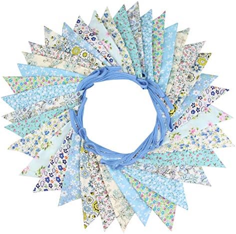 INFEI 10M/32Ft 36 Floral Fabric Triangle Flags Bunting Banner Garlands for Wedding, Birthday Party, Outdoor & Home Decoration (Blue)