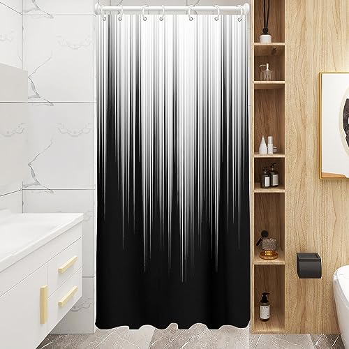 Image of AAtter Black White Gothic Shower Curtain, Small Stall 36x72 Inch, 7 Hooks | Dark Grey Ombre Striped Polyester Fabric, Modern Abstract Style, Cool Anime Design, Single Narrow Bathroom Decor for Men