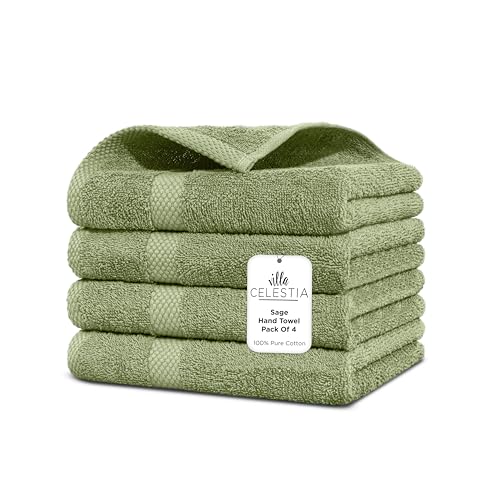 Image of Villa Celestia Cotton Hand Towels Set of 4, 16 x 28, Oeko-TEX Certified, Quick Dry, Sage