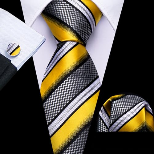 Image of Barry.Wang Man Stripe Ties Set Silk Woven Pocket Square Necktie Cufflinks Formal Party Business