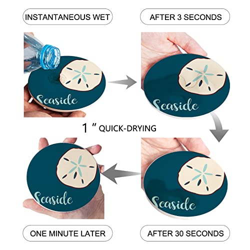 Absorbent Coaster Ceramic Stone Set of 8 with Cup Holder,Seaside Coastal Beach Conch Table Drink Coasters Cork Base Sea Shell on Blue Cup Place Mats for Holiday Party Family Dining - Image 4