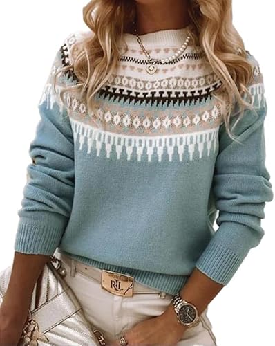 Women's Fair Isle Sweater Casual Vintage Crew Neck Knitted Sweater