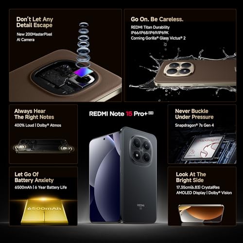 Image of REDMI Note 15 Pro+ 5G (Carbon Black, 8GB + 256GB) | 200MasterPixel OIS Camera | Snapdragon 7s Gen 4 | CrystalRes AMOLED | IP69 /69K | 6500mAh Si /C Battery | 100W HyperCharge