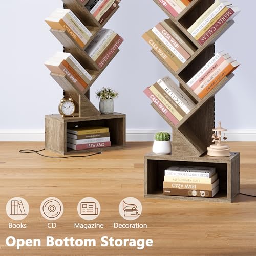 Image of Hoctieon 6 Tier Tree Bookshelf, Tall Bookcase, Freestanding Book Shelf with LED Lights, Display Floor Standing Storage Shelf, Book Organizer Shelves for Home Office, Living Room, Greige
