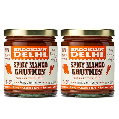 Brooklyn Delhi Spicy Mango Chutney - 9 Ounces - Made with Ripe Mangos, Golden Raisins, Fresh Ginger, Garam Masala, and Lemon Juice for a Nice Sour Note - Vegan - No Artificial Additives 2pk