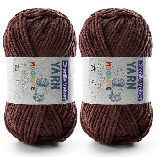 Image of 2 Pac Chenille Yarn for Crocheting - Soft Fluffy Blanket Yarn - Fluffy Yarn for Crochet, Baby Velvet Yarn for Crocheting Soft Blankets Weight Per Roll 50g /1.76oz, Length 60m /65yard (Dark Coffee)
