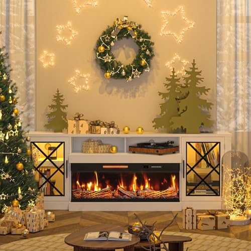 Image of BREEZEHEAT Fireplace TV Stand for TVs up to 90 inch, 3-Sided Electric Entertainment Center with 40 inch LED Fireplace, Media Console w /Storage Cabinet & Glass Doors, 79Inch, White