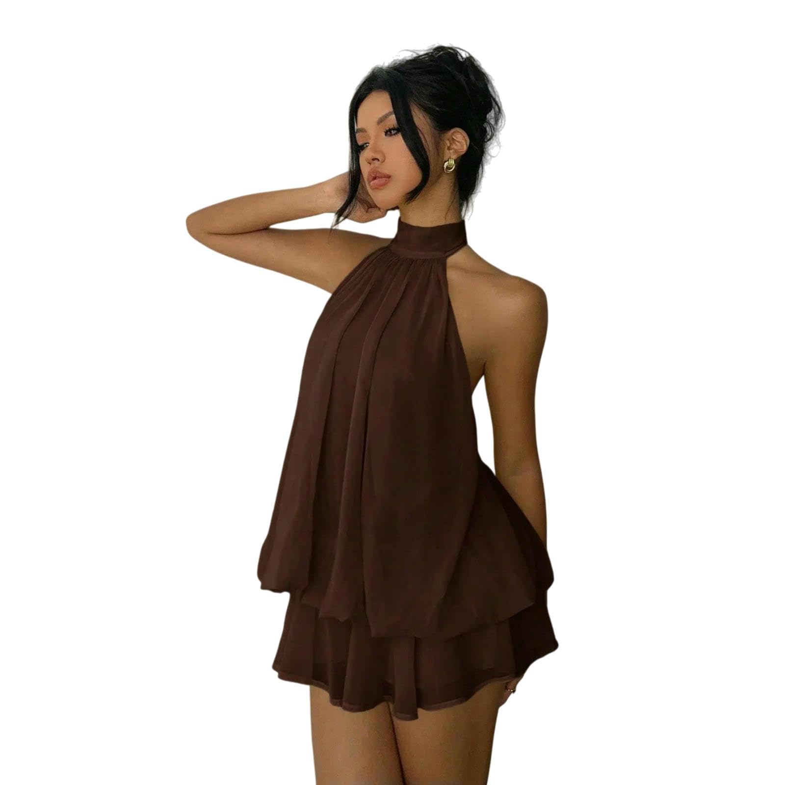 Abito Donna Mini Senza Maniche in Chiffon da Donna, Elegante Estivo Fluido A Strati con Collo Alto per Feste E Vacanze-Marrone-l