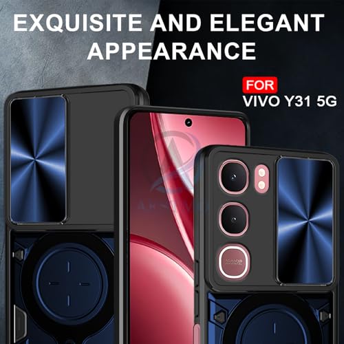 Image of AESTMO Armor Vivo Y31 5G Bumper Back Case Cover | Ring Holder & CD Pattern Sliding Camera Shutter Cover | Back Case Cover for Vivo Y31 5G (Blue)
