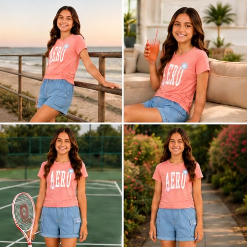 Image of AEROPOSTALE Girls Shorts Set - 2 Piece Soft Short Sleeve Graphic Tees and Twill or Denim Shorts Summer Outfits for Girls