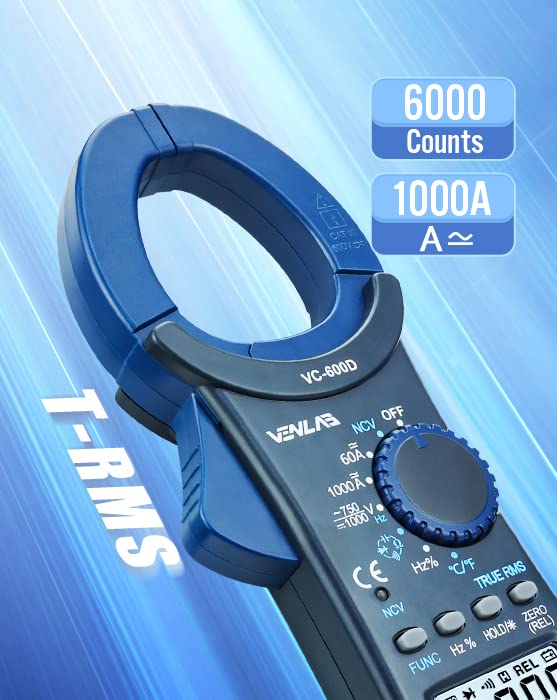 VENLAB Digital Clamp Meter 1000A T-RMS 6000 Counts AC/DC Current Multimeter, Voltage Tester with Auto-ranging Backlight, Measures Voltage Temperature Capacitance Resistance Frequency Continuity NCV
