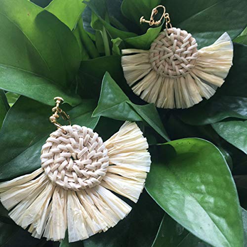 Woven Tassel Earrings Clip On Lightweight Rattan Raffia Straw Wicker Braid Thread Dangle Drop Apricot #TOP3