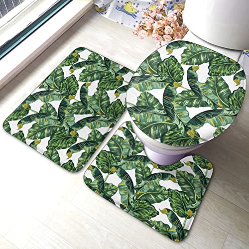 DIRYKILP Badematte + Konturmatte + Toilettendeckelbezug, tropische Palmenblätter 3 Stück Badematte Set, mit rutschfester Klebeunterseite