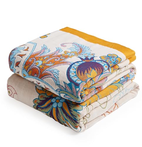 Boho Throw Blanket, 100% Organic Cotton Breathable Skin-Friendly Ultra Soft Bed Quilt Throw - All Season Floral Bird Farmhouse Décor Luxury Blanket for Sofa Couch Chair and Gift. 80" x 90"