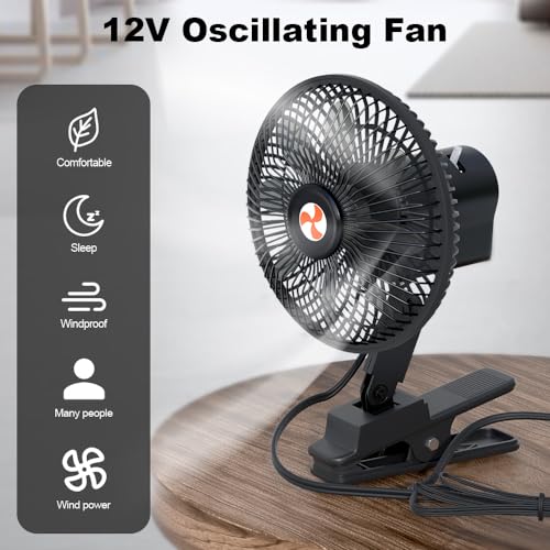12 Volt Oscillating Fan, Portable Car Fan Wide-Bound Cooling Ventilation, Car DC Clip Fan, Truck, RV, Automotive 12v Fan