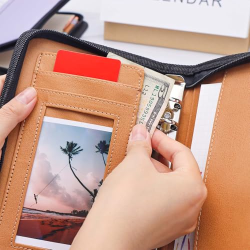 Fichário preto A6 Budget Binder com zíper de couro PU, capa recarregável, 6 anéis, capa de encaderna