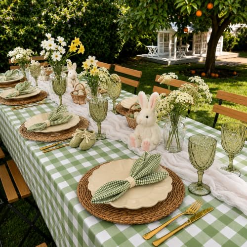 Image of Blue Orchards Sage Green Gingham Table Cover (Pack of 3 with 20 Glue dots) - 54 inchx108 inch XL - Sage Green and White Checkered Picnic Tablecloth, Baby Shower Decoration, Outdoor Birthday Party Supplies