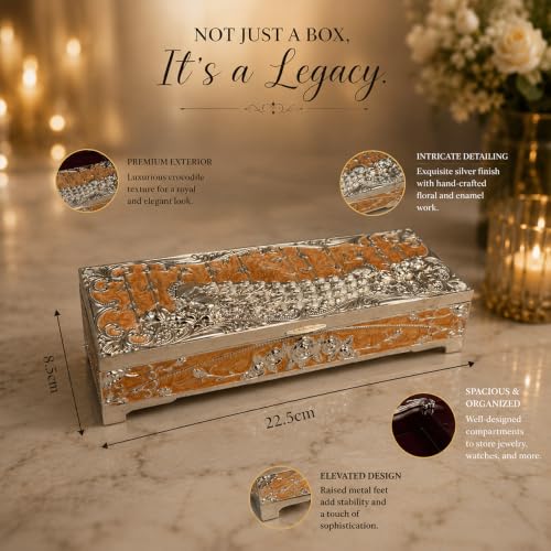 Image of Diviniti Silver Plated Peacock Decorative Storage Box with Lid | Multipurpose Keepsake, Jewelry & Trinket Box | Luxury Home Decor Gift for Dressing Table, Wedding & Corporate Gifting (Peach)