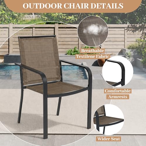 Image of Anmutig 7-Piece Outdoor Dining Set, Powder Coated Steel Table with 6 Stackable Chairs, Black and Brown, 63 x 38 Inch Table