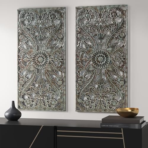 Image of Madison Park Carved Wood Wall Art 2 Piece, Floral Wooden Carving Wall Decor, Blue Wall Art Living Room Bedroom, Copper Embellished Boho, Ready to Hang, 15.75 inchW x 31.5 inchL, Patina Blue