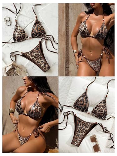 Bikini de leopardo marrón con lentejuelas triángulo halter de dos piezas en talla S 2