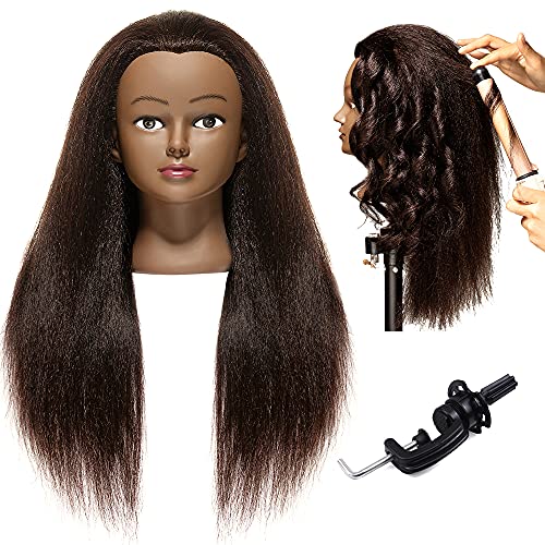 LZGYE African American Mannequin Head 20"-22" Real Hair Manikin Head Hairdresser Cosmetology Doll Head for Styling Dye Cutting Braiding Practice with Clamp Black Real Hair