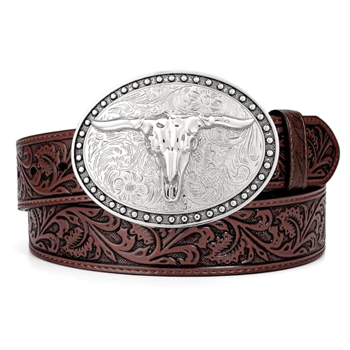 Western Leather Belt for Men Women Cowgirl Cowboy Western Longhorn Bull Buckle Belt for Jeans Christmas Gifts Belts