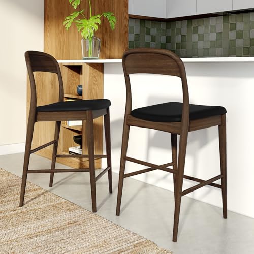 Image of Plank+Beam Loar Upholstered Counter Stool, Solid Rubberwood, Mid-Century Modern Kitchen Bar Chair, Curved Back, Low-VOC Finish, Counter Height Seating, Walnut /Black