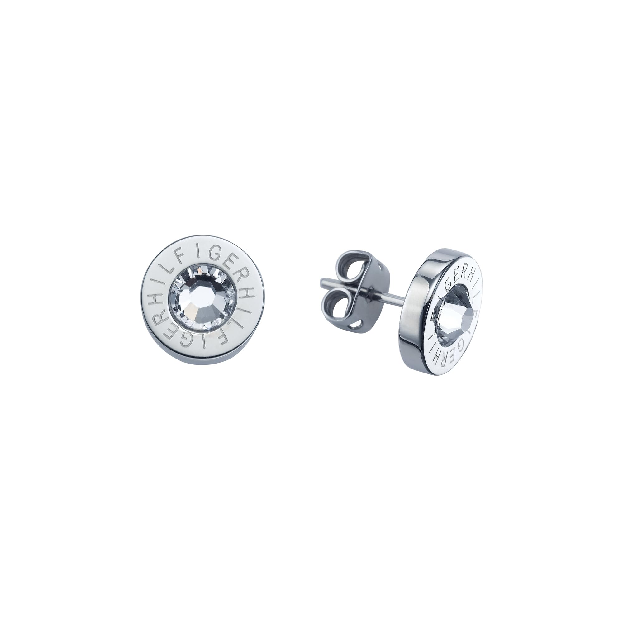 Tommy HilfigerStainless Steel Stud Earrings With Etched "HILFIGER" And Clear Center Crystal For Women