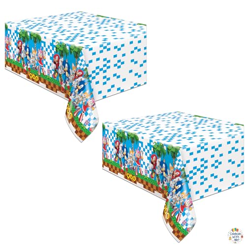 Unique Sonic The Hedgehog Party Table Covers 2-Pack Plastic Tablecloths 54 x 84 with Celebrate with Me Sticker | Sonic Birthday Party Supplies for Kids