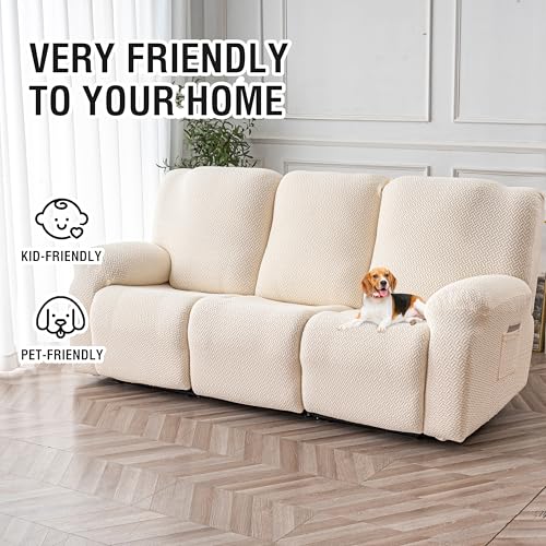 Image of Genina Recliner Sofa Cover Stretch Couch Covers, Sofa Slipcover for Reclining Couch Thick Jacquard Furniture Protector Washable (Beige, 3 Seat)