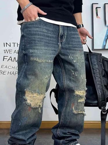 Men’S Trendy Hip Hop Slim Fit Ripped Vintage Washed Patched Straight Leg Denim Pants Full Length Button Fly Streetwear2