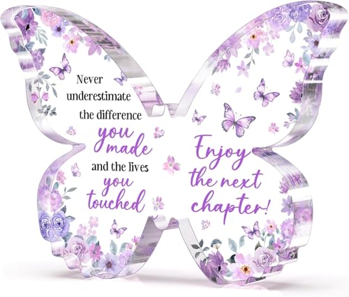 Image of Gifzy Farewell Gifts for Coworkers, 5x5x0.5 Inch Purple Butterfly Acrylic Plaque Decor, New Job Goodbye Going Away Leaving Retirement Graduation New Job Promotion We Will Miss You