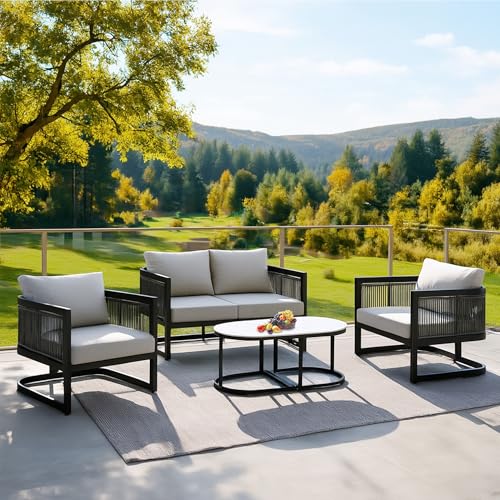 Image of GREEN MORE 5 Piece Patio Furniture Set,Outdoor Patio Conversation Set with Removable Extra Thick Cushions & Convertible Coffee Table, Modern Metal Outdoor Furniture for Porch, Backyard,Balcony, Deck
