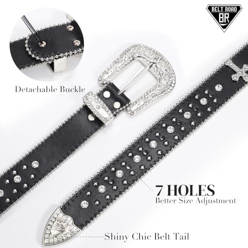 Rhinestone Belt for Men Women, Western Cowboy Cowgirl Belts Bling Leather Belt With Cross and Diamond for Jeans4
