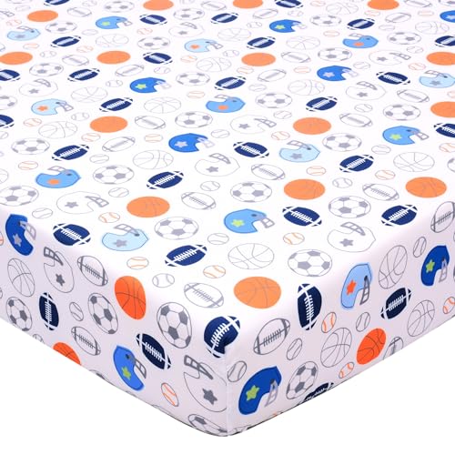 Crib Sheet - 1 Pack Sports Theme Nursery Bedding Sheet - Footballs Printed Standard Size Infant Bed Sheet Basketball Baby Boy Bed Linens for Crib by...