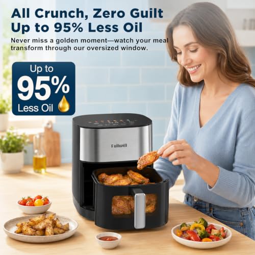 Image of Fullwill 6Qt Air Fryer Liners 2 Pack, Dual Heating, 14-in-1 /12 Presets (Wings, Steak, Fries, Pizza), 392F, 1700W, Nonstick & Dishwasher-Safe Basket, PFOA-Free,Reusable Liners Baskets