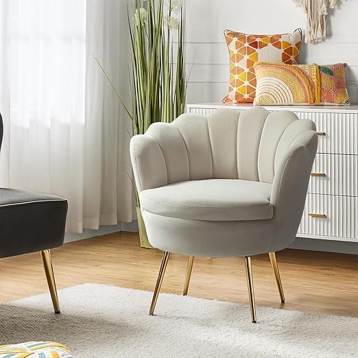 Image of Wooden Velvet Shell Accent Chair, Upholstery, Gold Metal Legs, Channel Tufted Design, Barrel Chair for Living Room, Drawing Room, Bedroom, & Office (Beige)