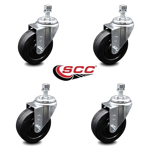 Miniatura 2 de Juego de 4 ruedas giratorias de goma suave con vástago roscado, ruedas negras de 4 x 1.25 pulgadas y vástagos de 12 pulgada, incluye 4 giratorios,