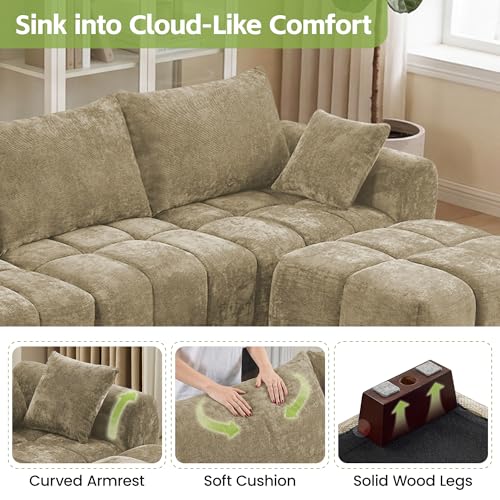 Image of 82 inch Loveseat Cloud Couch, Brown Chenille Modern Upholstered 2-Seater Sofa with Tufted Deep Seat & Wood Legs, Comfy Small Love Seat Couch for Living Room Apartment
