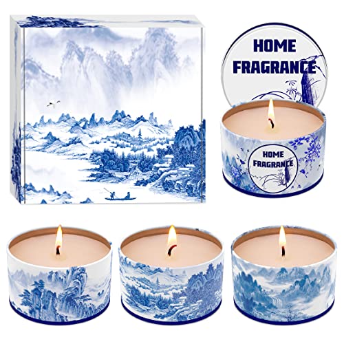 Mother's Day Gift Scented Candles Set For Home Women Natural Soy Wax Lavender, Vanilla&Jasmine, Lilac And Gardenia Aromatherapy Candles In Blue And White Metal Tins, 30-35 Hours #TOP6