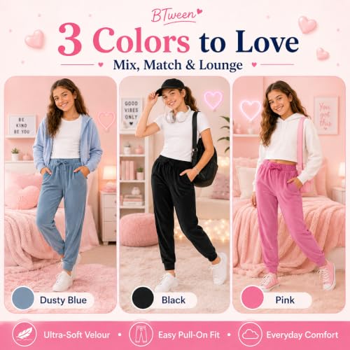 Image of BTween Girls 3 Pack Velour Jogger Pant Set Solid, Tie Dye or Camo Sweatpants for Girls