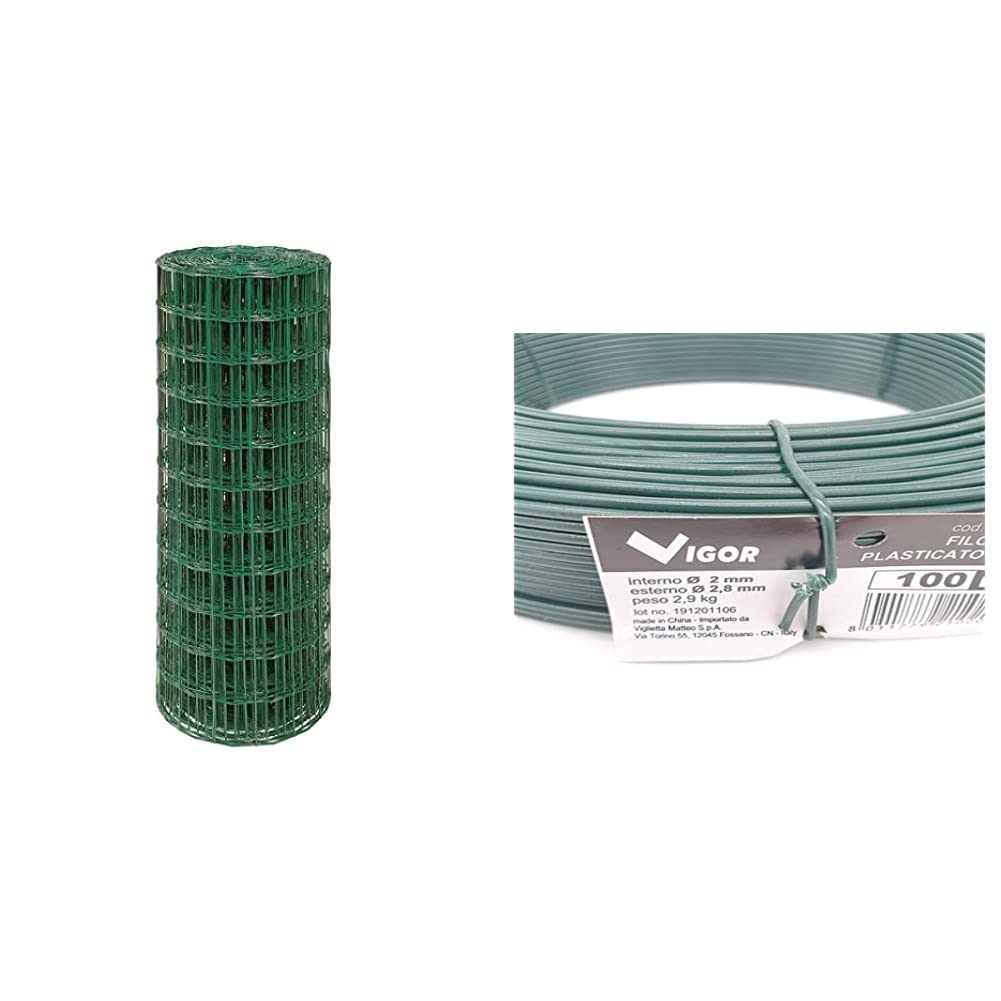 Rete elettrosaldata 25 m, altezza 60 cm, maglie 75x60 mm & FILO FERRO PLASTICATO VERDE P/TENSIONE MT.100