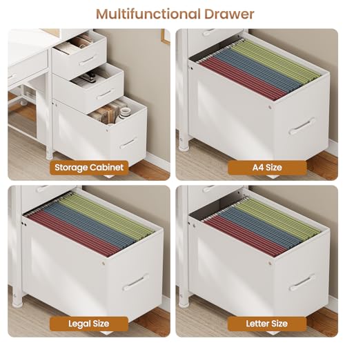 Image of SEDETA Computer Desk with 5 Drawers and Bookshelf, Reversible Home Office Desk with Storage Shelves and File Drawer, Gaming Desk with LED Lights for Small Spaces, White