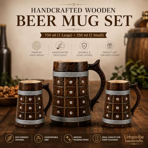 Image of Wooden Beer Bar Combo Set | Barrel Shaped Jumbo Mug with Metal Studs | 2 Small Beer Mugs 350ML (5 x 4 inches Each) & 1 Large Beer Jug 750ML