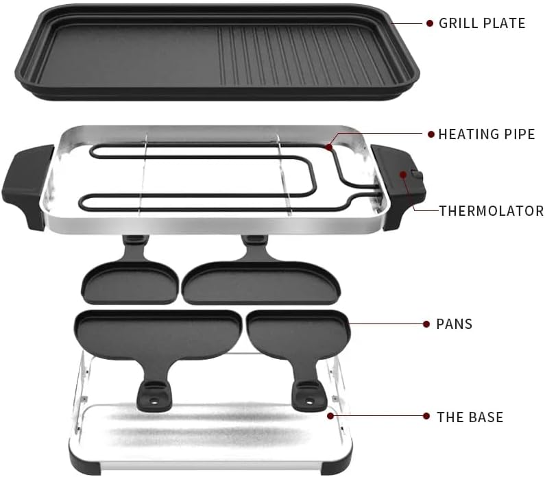 Miniatura 4 de Raclette Grill - Plancha eléctrica sin humo para interior con calentamiento rápido de 1600 W, cocción de doble zona, acero inoxidable, superficie