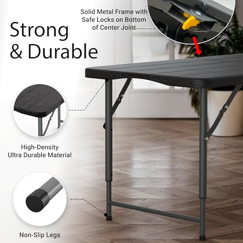 Image of 4 Feet Foldable Table Adjustable Height with Built in Handle, Steel Legs | 4FT Heavy Duty Portable | Perfect for Party Dining Wedding Events Picnic Indoor Outdoor Camping Utility Folding - 4 Foot